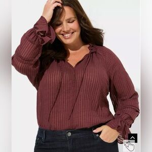 Torrid Plum Stripe Sheer Gauze Lace-Up Peasant Top